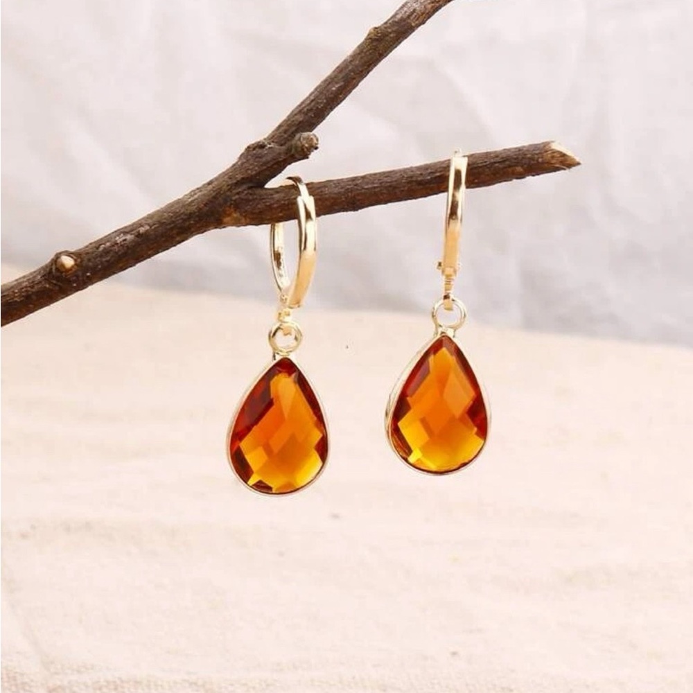 Gemstone Decor Water-Drop Earrings - Amber, Peach, Blue Colors Available